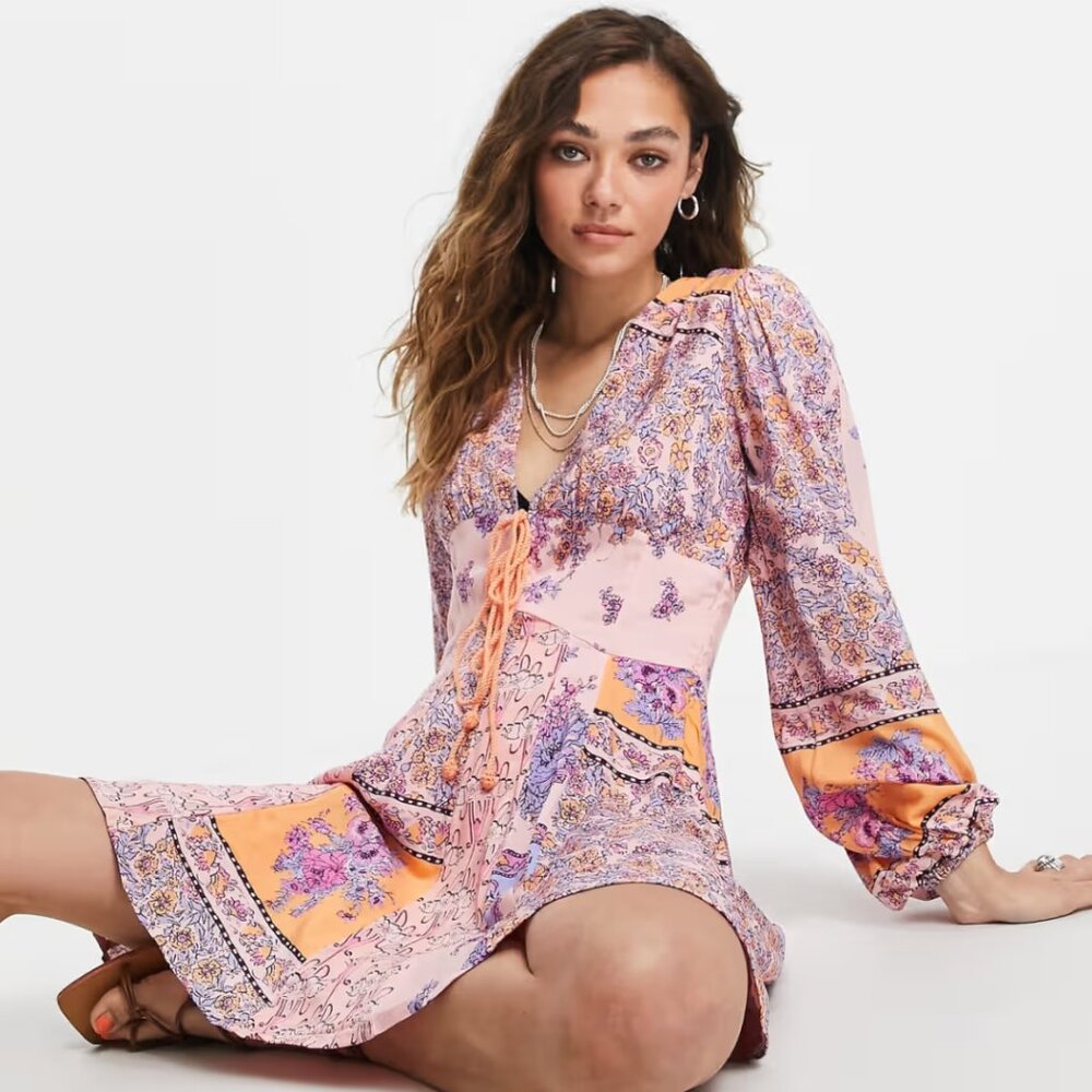 Free People Mixin' It Up mini dress with tie front in bright paisley print